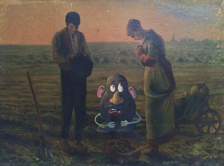 two people standing in front of a painting of a man with a mouse on his head