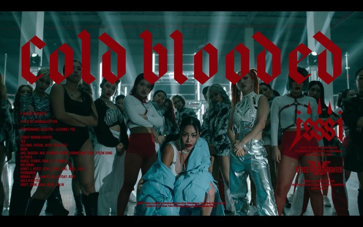 a group of women standing next to each other with the words cold blood on them