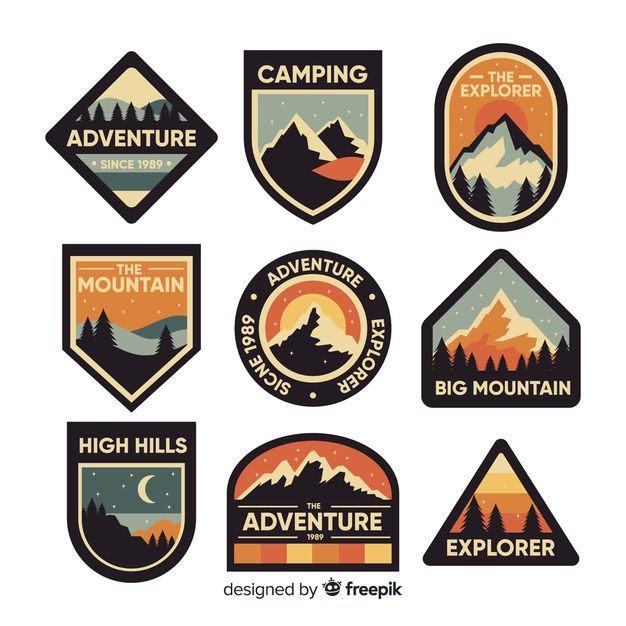 six badges with mountains and trees in different colors, including the words'high hills explorer '