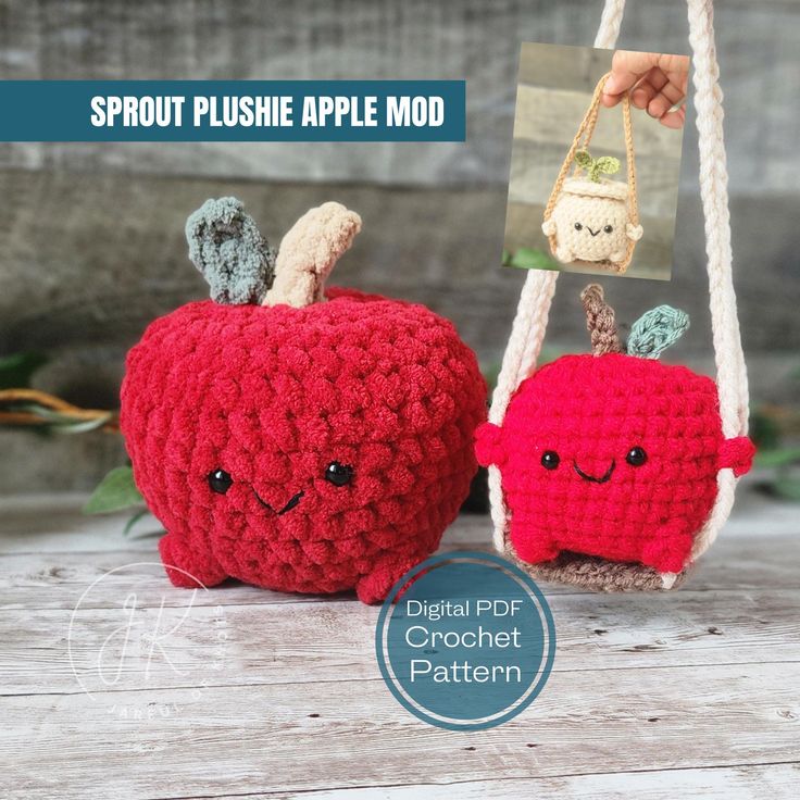 two crocheted apples hanging from strings with faces drawn on them and the words sprout plushe apple mod