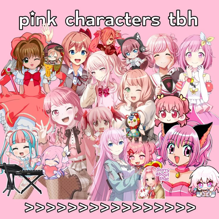 the pink characters are all dressed up in different outfits and hair styles, with text that reads