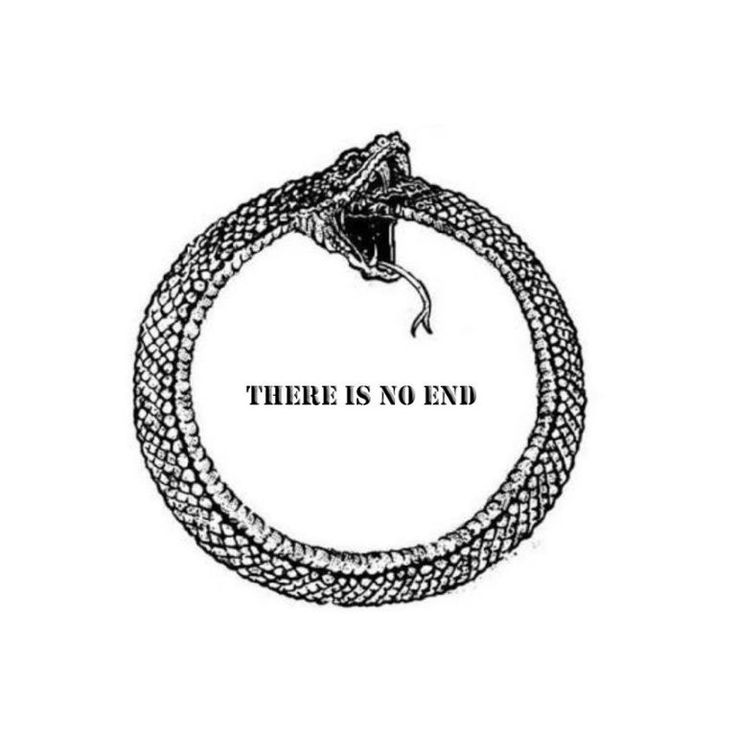 a black and white drawing of a snake in a circle with the words, there is no end