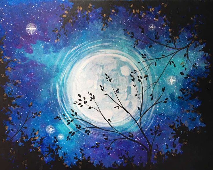 a painting of a full moon in the night sky with tree branches and stars painted on it