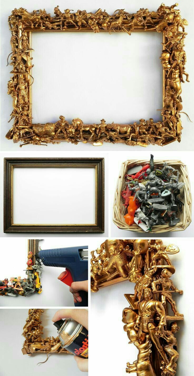 gold leafed frames are being used to make an art project for the kids's room