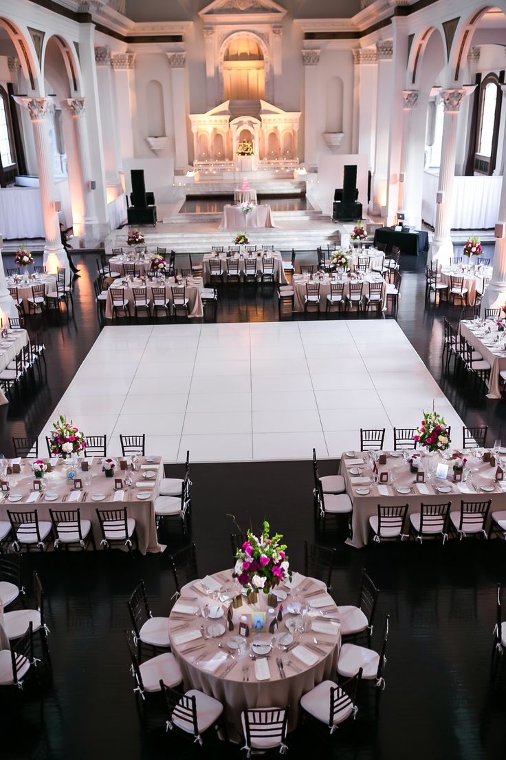 an overhead view of a banquet hall with tables and chairs set up for formal function