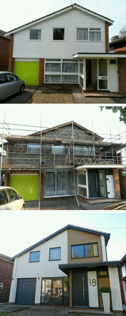 three different houses with green doors and windows