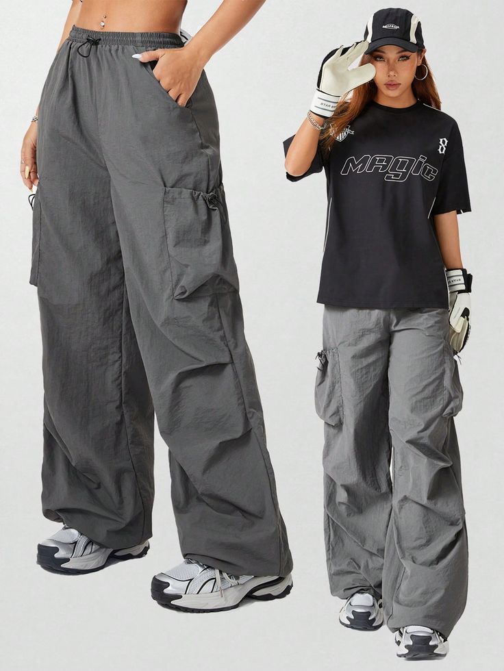 Women's Sport Cool And Stylish Parachute Design  Cargo Pants Grey Casual   Woven Fabric Plain Parachute Non-Stretch  Women Clothing, size features are:Bust: ,Length: ,Sleeve Length: Parasuit Pants Women, Acubi Sportswear, Parasut Pants Outfit, Outfits With Parachute Pants, Outfits With Grey Pants, Grey Parachute Pants Outfit, Japan Street Wear, Grey Cargo Pants Outfit, Cargo Pants Women Casual