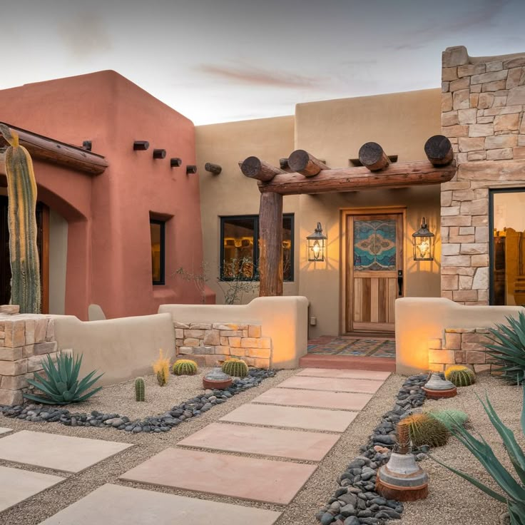 an adobe style home with cactus and rocks in the front yard at dusk, lit up by candles