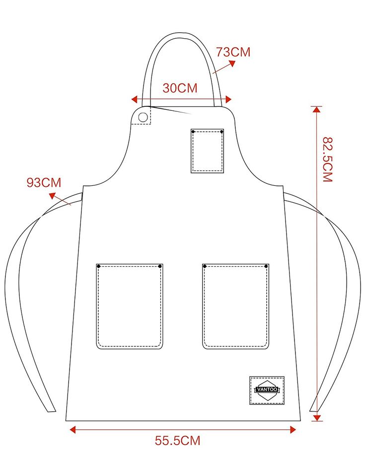 the size and measurements of an apron with pockets on each side, shown in white