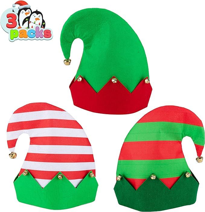 three christmas hats are shown with one elf's hat and the other is an elf's hat