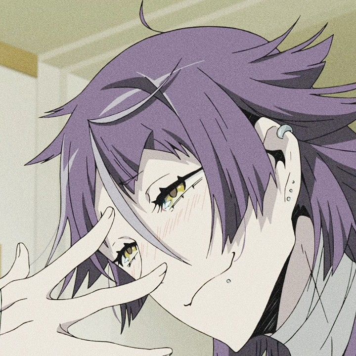 an anime character with purple hair holding her hand to her face