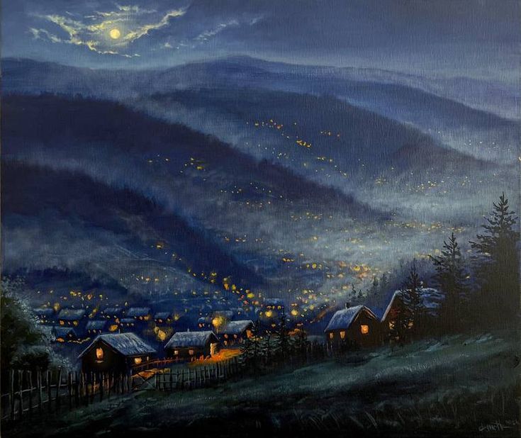 a painting of a night scene with mountains and houses in the distance, all lit up by lanterns