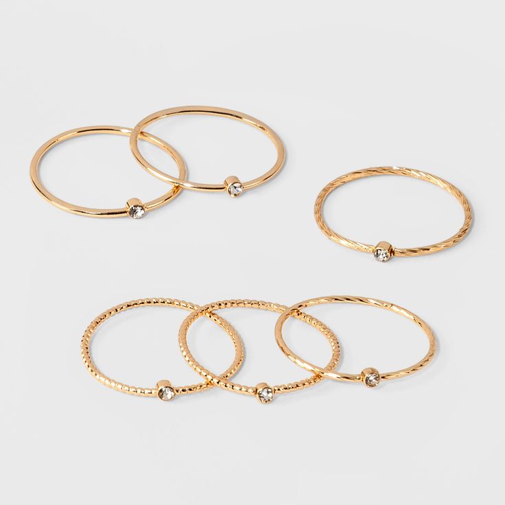 Clear Stone Set of Six Rings - A New Day Gold/Clear, Clear/Gold Gold Finger Rings, One Finger, Single Ring, Flat Lay Photography, Clear Stone, Cute Rings, Delicate Rings, Wrap Rings, Crystal Rings