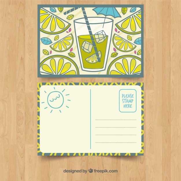 a postcard with an image of a glass of lemonade and a notepad