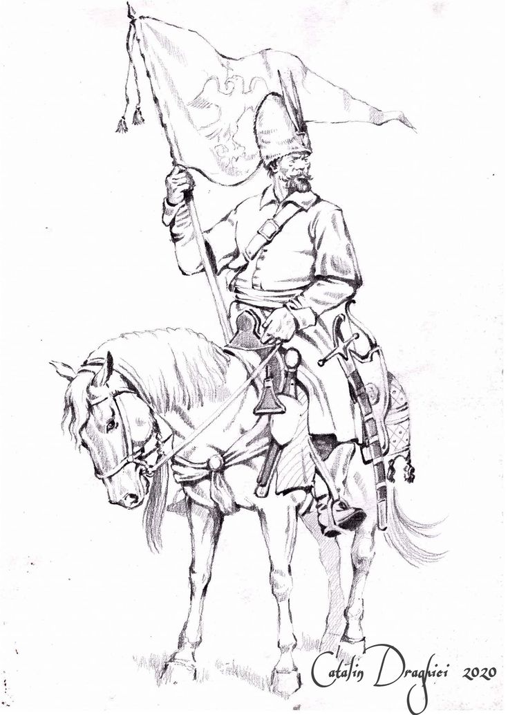 a drawing of a man riding on the back of a horse holding an american flag