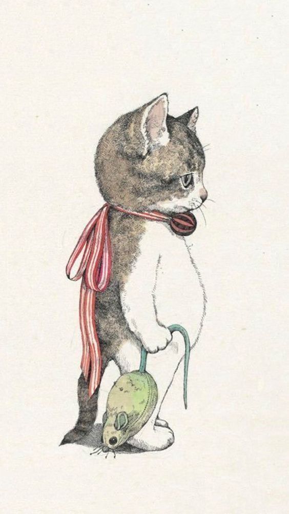 a drawing of a cat with a mouse in it's paws and wearing a red ribbon around its neck