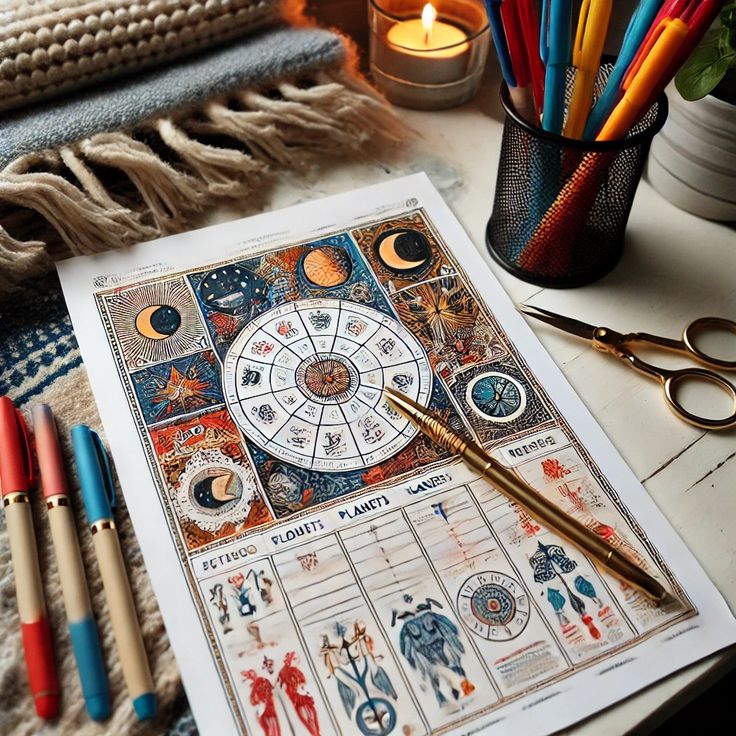 a table topped with lots of different types of pens and scissors next to a poster