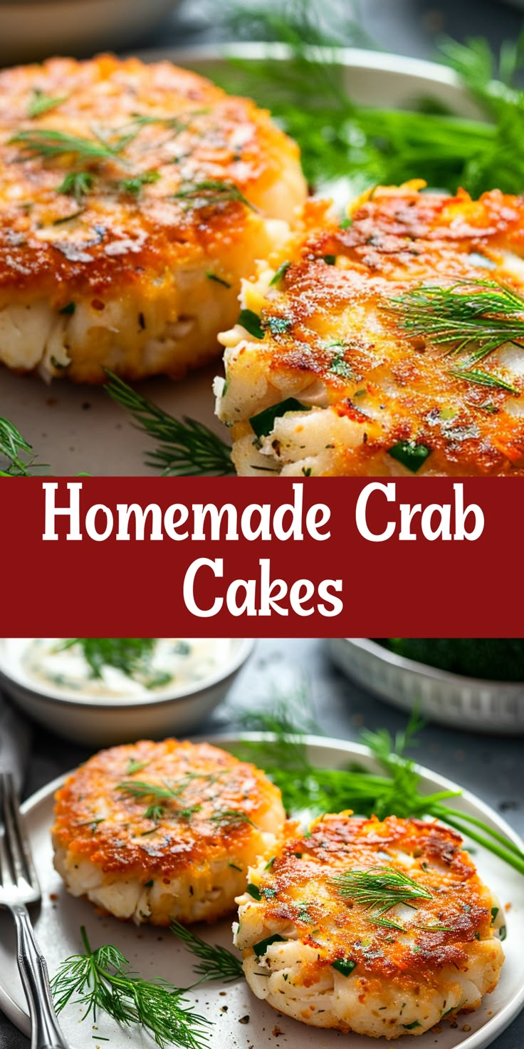 homemade crab cakes on a plate with herbs