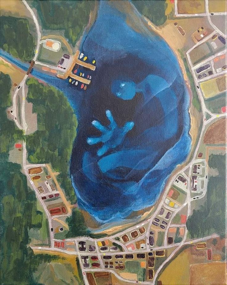 an aerial view of a large body of water in the middle of a small town