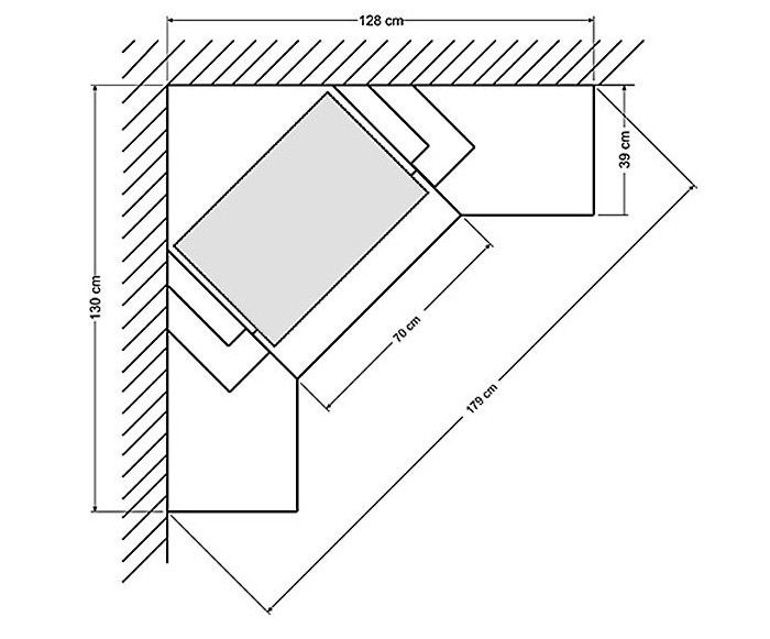 a drawing of the corner of a room with an area for furniture to sit on