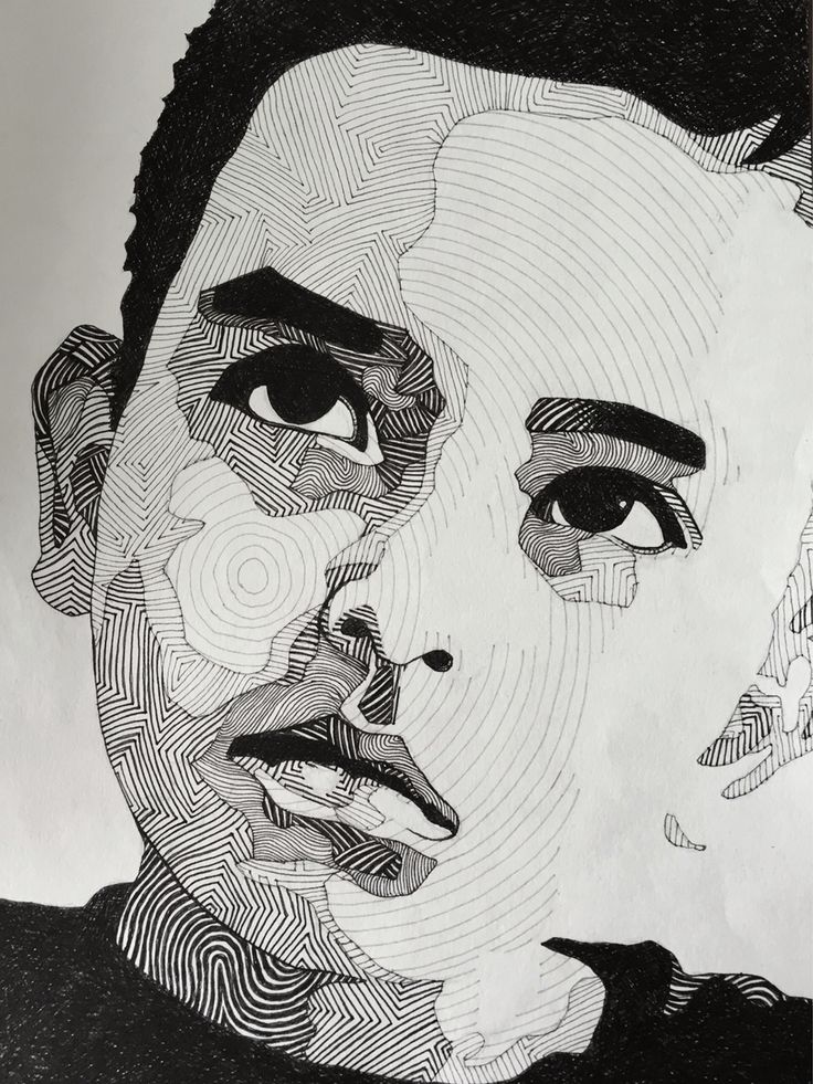 a black and white drawing of a man's face with lines coming out of it