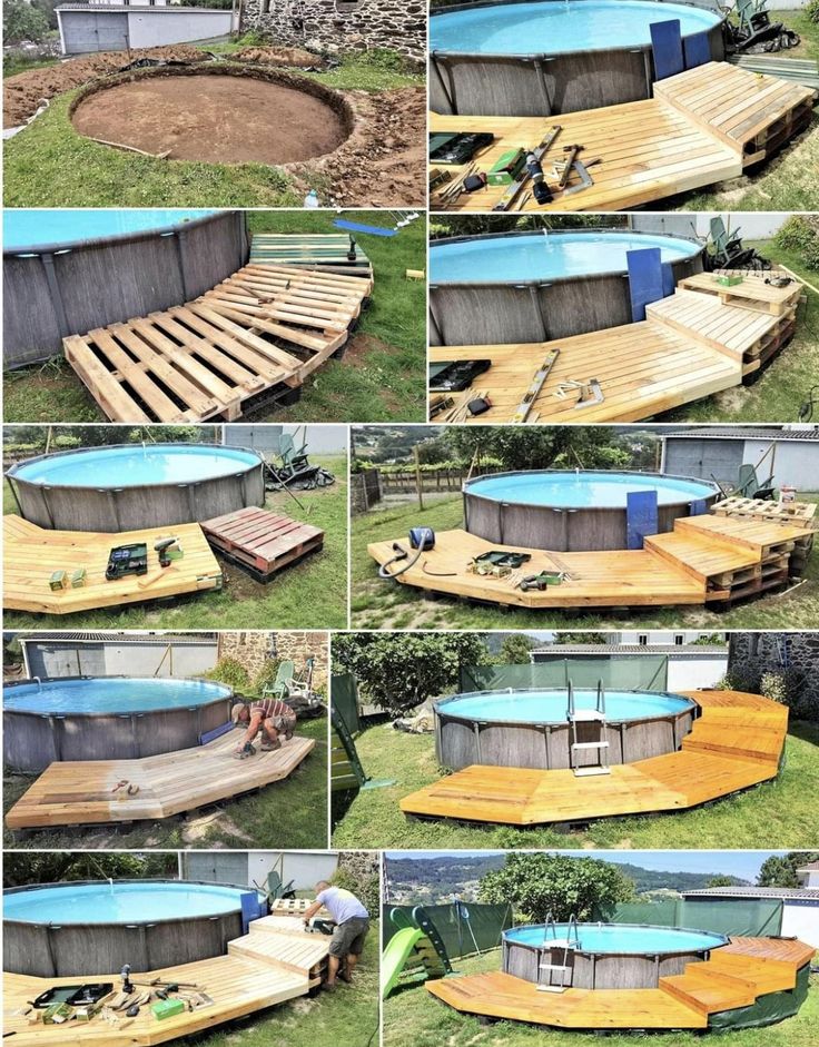 an above ground swimming pool made out of pallets and wooden planks, with several different