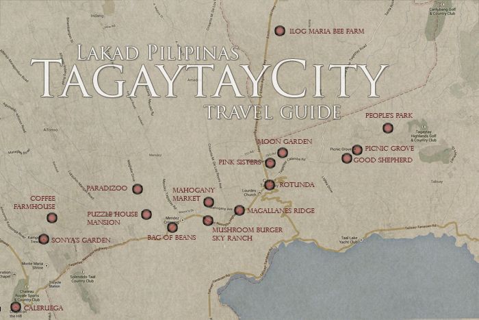 a map showing the locations of several tourist attractions in tagayya city, philippines