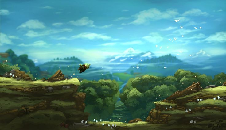 an animated video game scene with trees, rocks and birds flying in the sky above