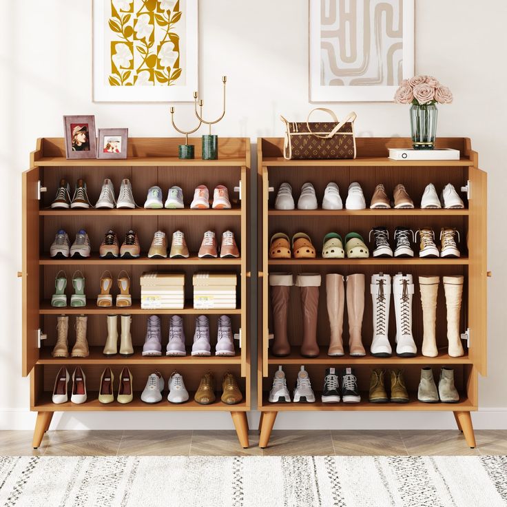 two wooden shelves filled with lots of shoes