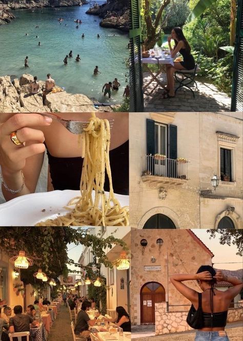 the collage shows people eating and drinking at different places in the world, including italy