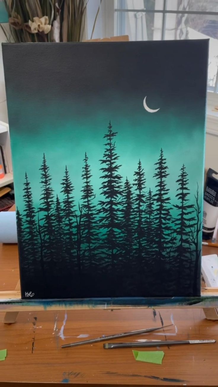 an acrylic painting of trees and the moon on a green sky with stars