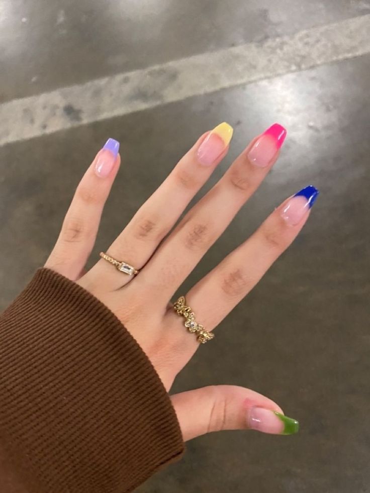 Colourful French Tip Acrylic Nails, Colourful French Tip Nails Coffin, Multi Colored French Tip Nails Coffin, Coloured French Nails Tips Coffin, Colourful Tips Nails, Coloured French Tip Acrylic Nails, French Nails Colour, Colourful Nails Acrylic, Colour French Tips Nails