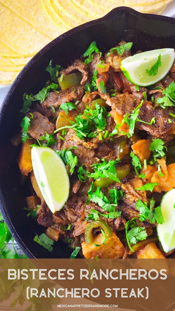 a skillet filled with beef, potatoes and cilantro next to tortilla chips