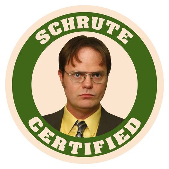 a man wearing glasses and a tie with the words schrute certified on it