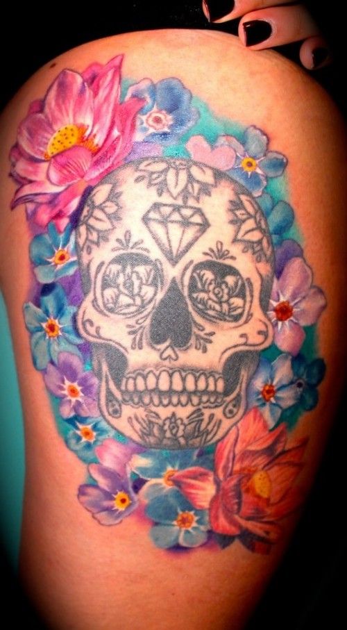 a woman's thigh with a skull and flowers on it