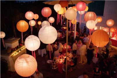 a group of people sitting around tables under paper lanterns