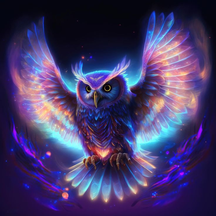 an owl with glowing wings is sitting on a branch