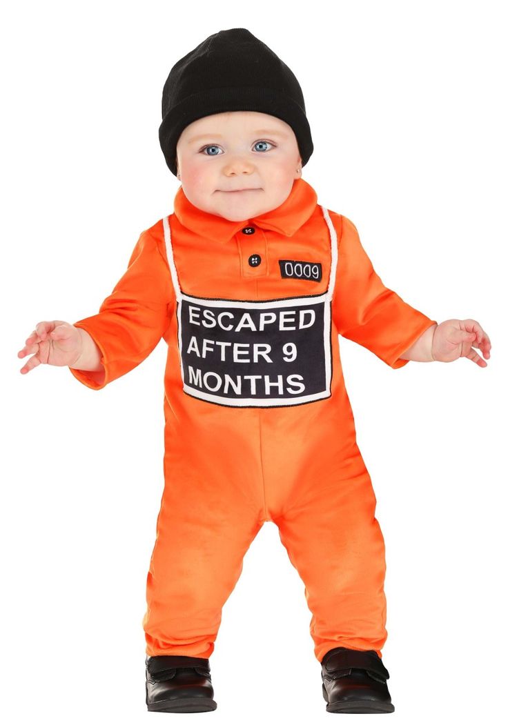 a baby wearing an orange jumpsuit with the words escape after 9 months written on it