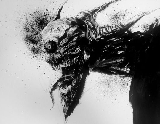 a black and white drawing of a demon