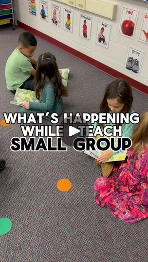 children sitting on the floor reading books in a room with colorful circles around them and an ad that says what's happening while teach small group