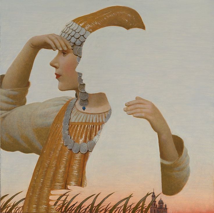 a painting of a woman in an orange dress holding her head with one hand and looking at the sky