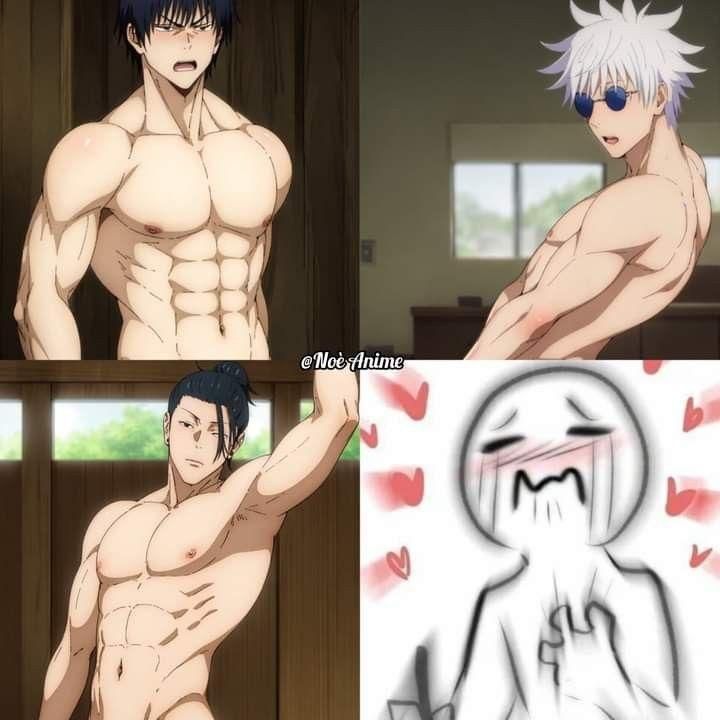 two different anime characters one with white hair and the other without his shirt, pointing at something