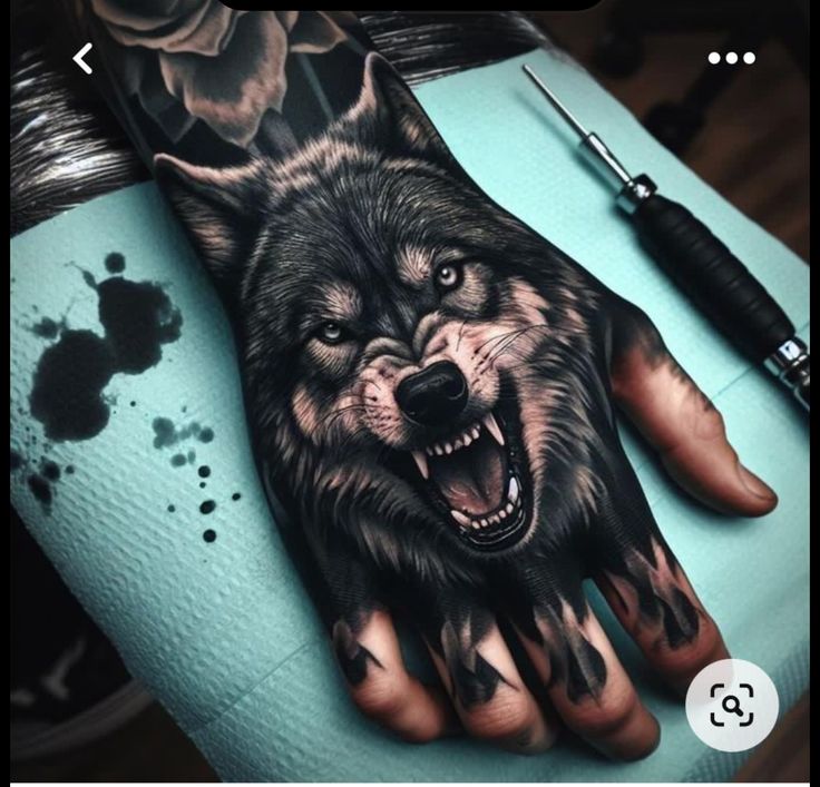 a wolf tattoo on someone's left hand