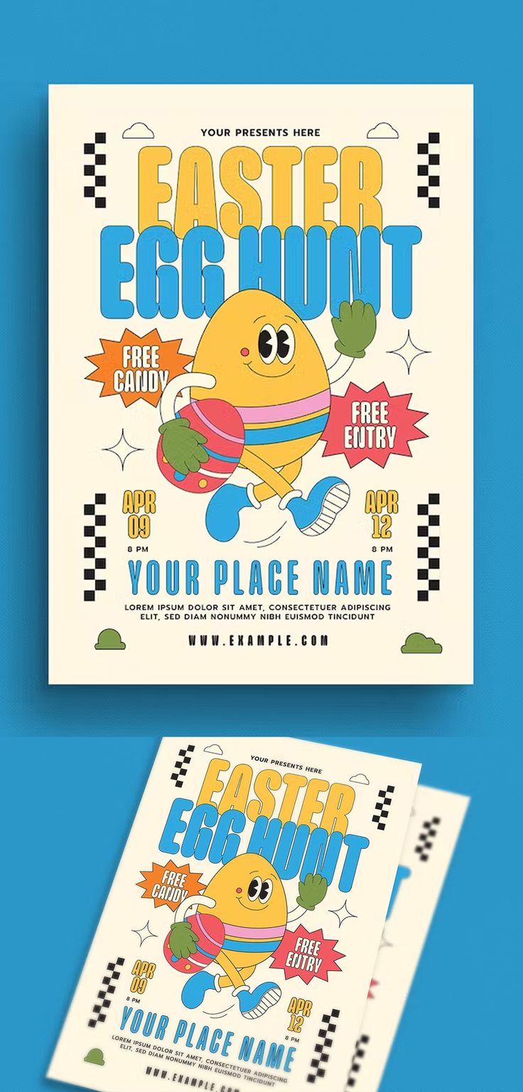 an easter egg hunt flyer is shown on a blue background with the words, your place name