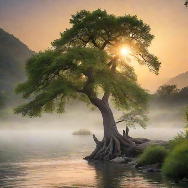 a painting of a tree in the middle of a river with fog and sun rising behind it