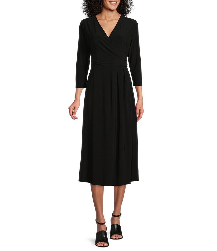 From Investments Petite&#x2C; this dress features:faux wrap silhouettesurplice v-neckline3/4 sleevespullover constructionapprox. 43" lengthpolyester/spandexmachine wash/tumble dry Imported. Workwear Dresses With Faux Wrap And Surplice Neckline, October Wedding Guest Dress, Formal Winter Outfits, Black Dress Winter, Black Long Sleeve Midi Dress, V Neck Black Dress, Dress For Petite Women, Extra Petite, Black Dresses Classy