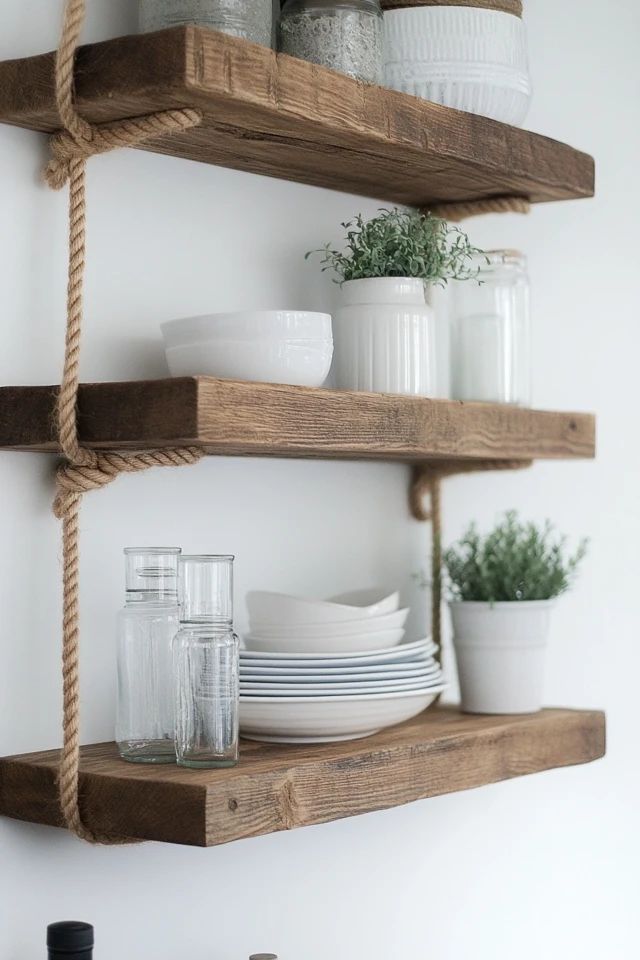 two wooden shelves with plates and bowls on them, one is roped to the wall