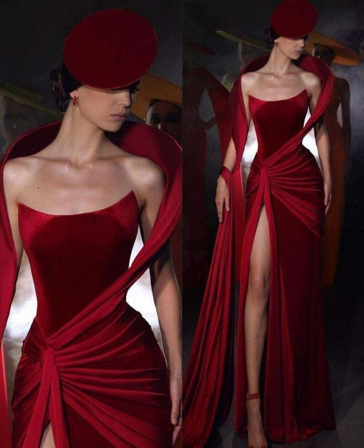 Red Dress High Fashion, Designer Dresses Red Carpet, Red Gown With Gloves, Red Velvet Dress Aesthetic, Bodycon Gown Long Classy, Met Gala Inspired Dresses, Red Dresses Aesthetic, Red Evening Gown Classy, Red Soiree Dresses