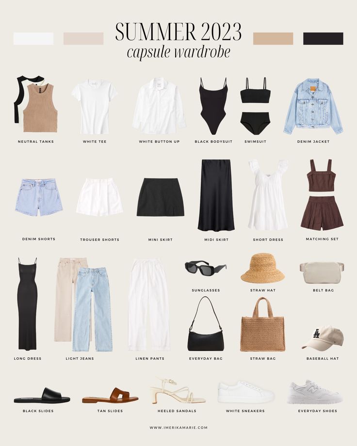 Summer 2023 Capsule Wardrobe + Outfit Ideas | Erika Marie Summer Commuter Outfit, Staple Wardrobe Bottoms, Travel Capsule Wardrobe Italy, Los Angeles Capsule Wardrobe, Europe Wardrobe Summer, Elevated Basics Outfit Summer, Edmonton Outfits, Summer Wardrobe Essentials 2024, Summer Beach Capsule Wardrobe