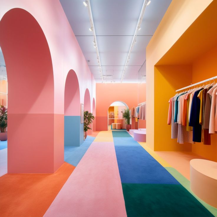 the interior of a clothing store with colorful walls